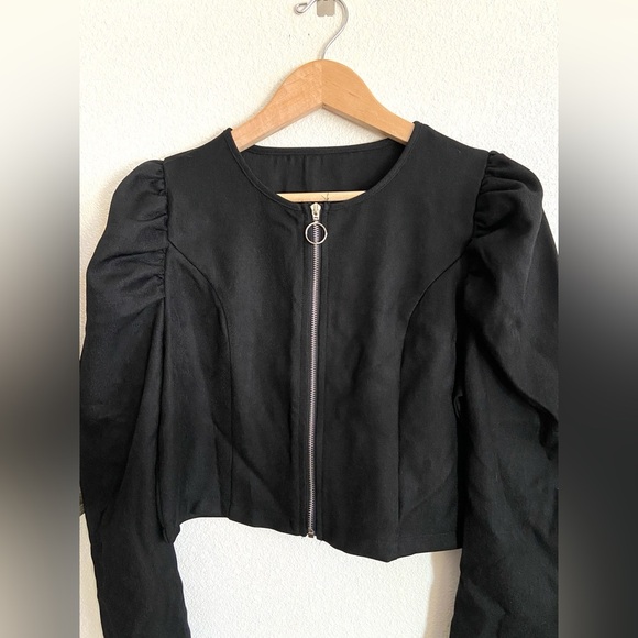 Black puffed sleeve zip up blazer jacket - Picture 3 of 8